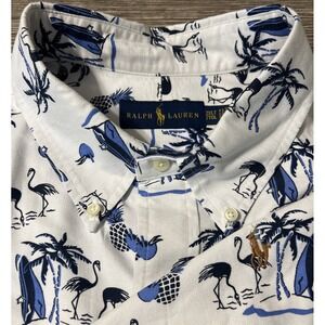 Ralph‎ Lauren Tropical Hawaiian Blue On White Oxford Button S/S Shirt, 2XLT Tall